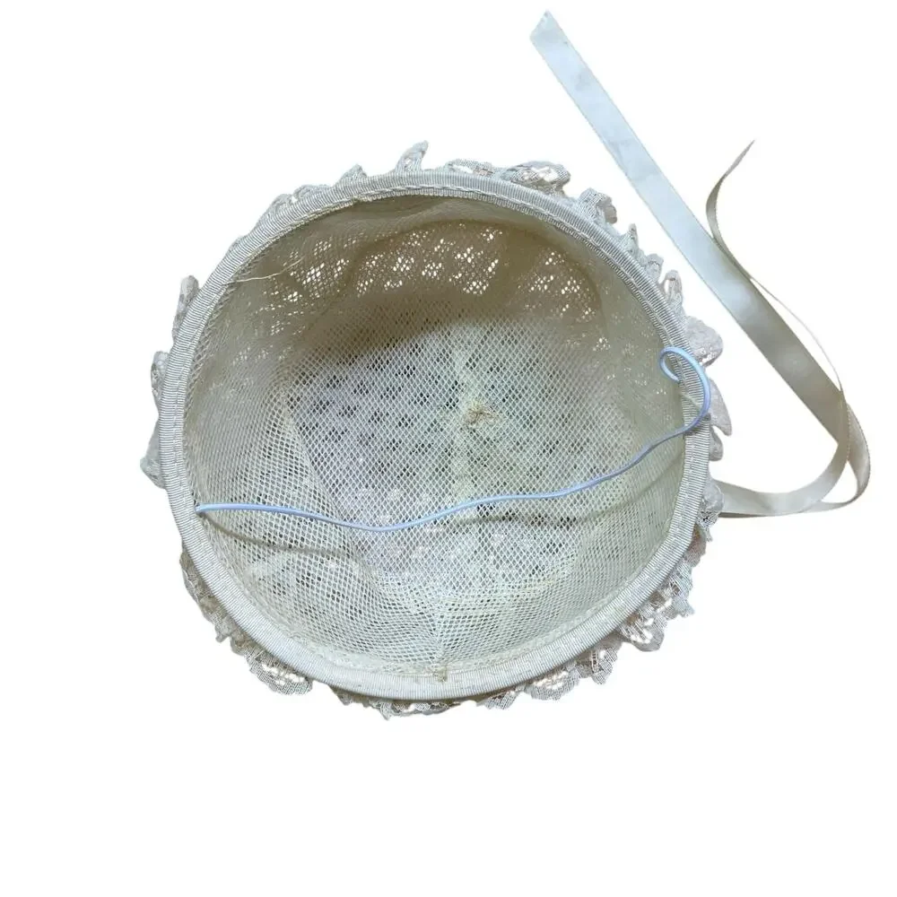 Vintage 1950s Lace Juliet Cap | Ivory Ribbon Tie Bridal Hat - Picture 6 of 7